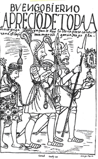 Felipe Guamán Poma de Ayala (1534?- 1617?), « La prisión de Túpac Amaru Inca en el Cuzco », Nueva corónica y buen gobierno, Caracas, Fundación Biblioteca Ayacucho, 1987, p. 332