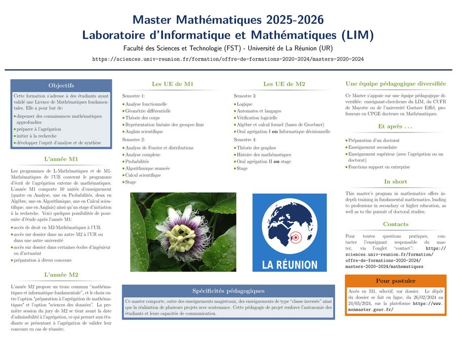 Master Mathématiques 2025 - 2026, Laboratoire d'Informatique et Mathématiques (LIM)